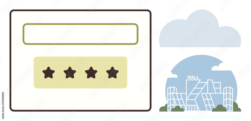 Poster star rating box with four dark stars below a text input field, set beside a stylish mall building. i