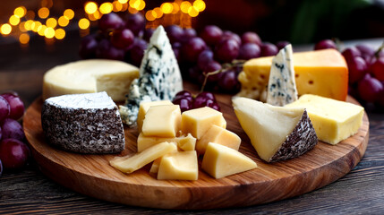 A festive cheese platter with an assortment of cheeses and red grapes on a wooden board.