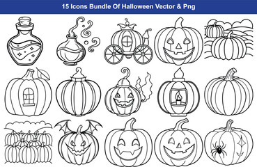 Spooky halloween icon set featuring pumpkins ghosts and potions for festive designs isolated on transparent background