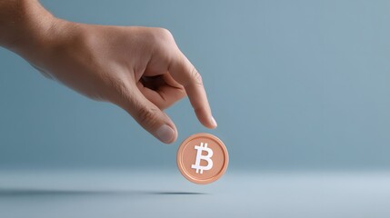 Hand Reaching for Bitcoin Coin on Light Blue Background with Soft Lighting and Shadows