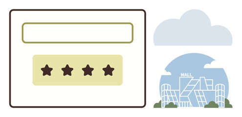 Naklejka premium Star rating box with four dark stars below a text input field, set beside a stylish mall building. Ideal for reviews, shopping, feedback, rating systems, customer engagement, consumer behavior