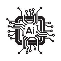 Black and White Flat Vector Ai Chip Design Icon
