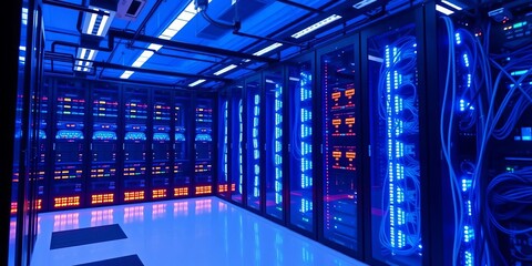 Futuristic server room with glowing blue lights and complex network cables,   network background,   science