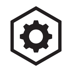 Minimalist Black Gear Icon in Hexagonal Frame - Flat Vector Design