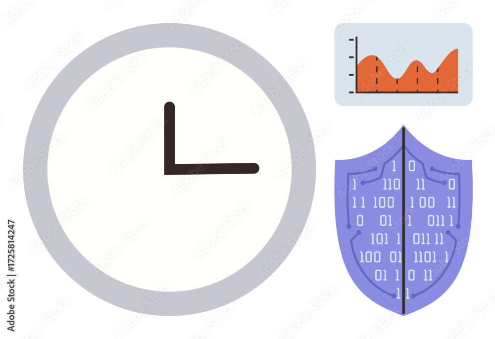 Poster clock symbolizing time, shield with binary code for security, data chart reflecting trends, growth, 