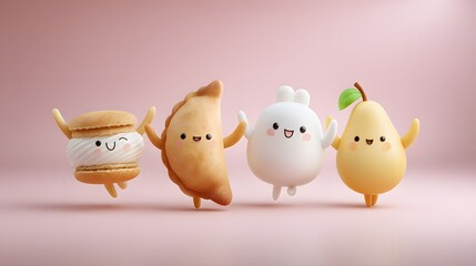Cute Cartoon Characters Featuring Dessert and Fruit Figurines on Soft Pink Background
