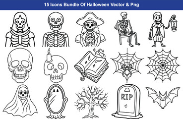 Spooky halloween icons bundle featuring skeletons ghosts bats and more for festive designs isolated on transparent background