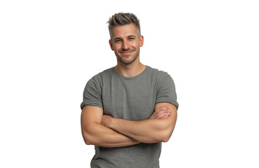 A handsome man with short grey hair and a beard, wearing a grey tshirt, smiles confidently with his arms crossed, isolated on transparent background