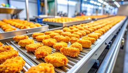 Food production line with fried nuggets