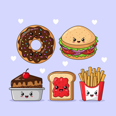 Cartoon Fast Food Characters Donut Burger Cake Toast and Fries.