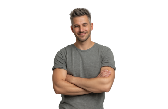 A handsome man with short grey hair and a beard, wearing a grey tshirt, smiles confidently with his arms crossed, isolated on transparent background