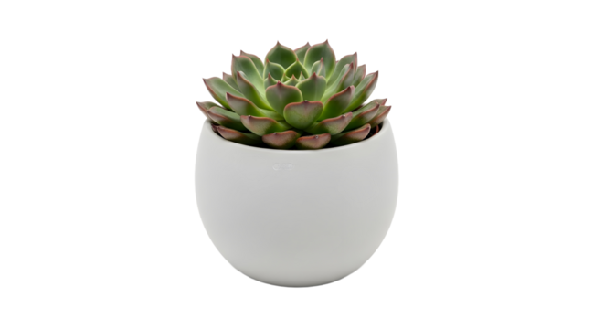 A vibrant Echeveria succulent with red tips in a smooth white ceramic pot, isolated on a plain clean white background