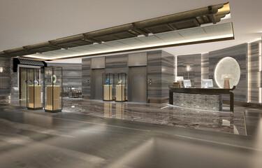Luxury hotel reception lobby interior, 3d render