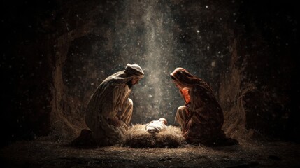Nativity scene with Mary and Joseph beside baby Jesus in a dimly lit manger setting