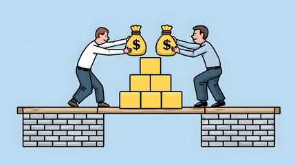 Two Men Balancing Money Bags on a Wooden Plank Over a Stack of Yellow Boxes Against Blue Background