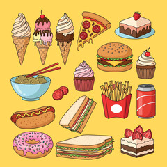 Cartoon Fast Food Feast Ice Cream Pizza Burger Cake and More.