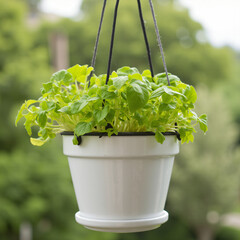 high quality photo of a ceramic pot of herbs on a hanging pot rack

