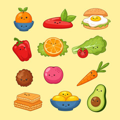 Cartoon Food Characters Orange in Bowl Tomato Burger Pepper Orange Slice Lettuce Meatball Plum Carrot Lasagna Potatoes Avocado.