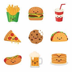 Cartoon Food Icons Fries Burger Soda Pizza Cookie Taco Hotdog Beer Pancakes.