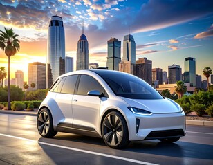 Electric car on city street at sunrise