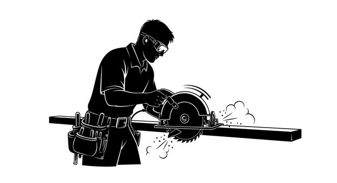 A silhouetted carpenter using a circular saw to cut a piece of wood with safety glasses on his face