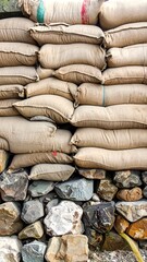 Stacked burlap sacks form a wall atop a base of rough stones