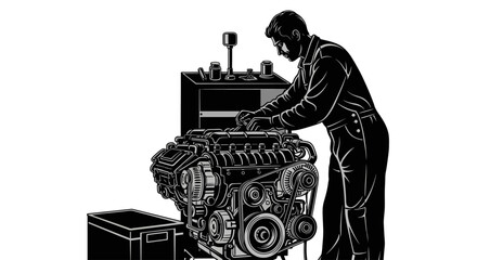Expert mechanic diligently repairing engine in workshop
