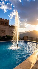 Fountain in a courtyard at sunset