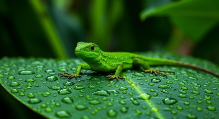 Fototapeta premium Green Lizard on Dew-Kissed Leaf - A vibrant green lizard rests on a lush leaf, glistening with morning dew. Nature, wildlife, reptile, freshness, serenity