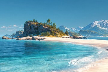 Fototapeta premium Serene Tropical Island with Clear Waters and Mountain Backdrop