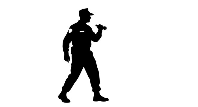 Silhouette of a security guard on patrol with a flashlight