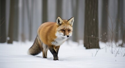 Red fox walking through fresh snow in a forest