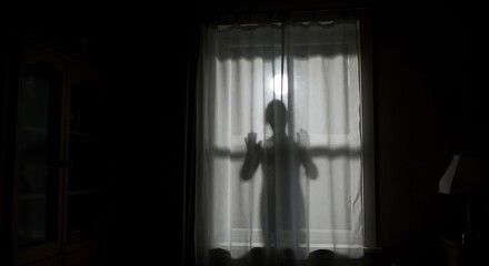 Silhouette of a person standing behind a closed curtain, illuminated by an unknown light source, creating a sense of mystery, suspense, and a hidden presence.