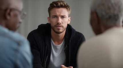 Young man with thoughtful expression engages in conversation with two adults in a discussion setting
