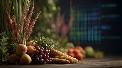 Vibrant Fresh Produce with Grains and Colorful Fruits on Wooden Table Background