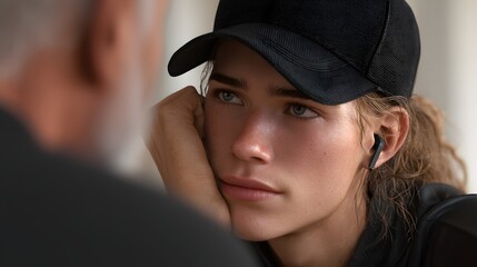 Young person with earbuds listening intently during conversation in casual setting