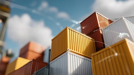 Stacked Cargo Containers at a Port with Blue Sky and Clouds in the Background
