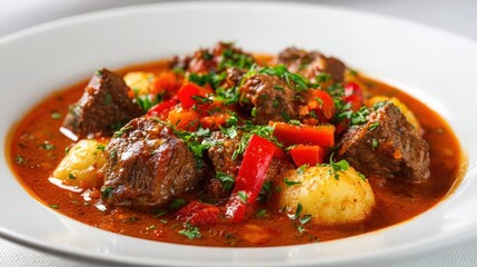 hearty goulash stew with beef and paprika