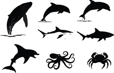 Marine animal vector silhouettes: dolphin, whale, shark, octopus, crab in leaping, swimming, and crawling poses — ideal for ocean design, education, logos, and nautical themes.