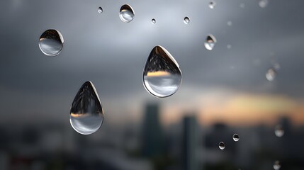 Raindrops on Glass with Blurred City Background at Dusk and Dramatic Cloudy Sky