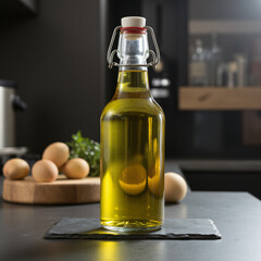 high quality photo of a glass bottle of olive oil on a slate countertop
