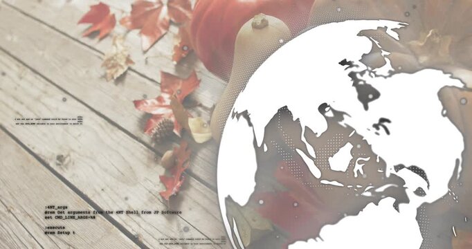 Upon code appearing left, white 3D globe sliding in, rotating over harvest items, showing data flow