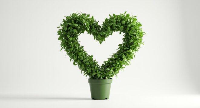 Fototapeta Heart Shaped Plant in Pot - A green plant shaped like a heart in a green pot against a white background. Perfect for Valentine's Day, love, and nature themes