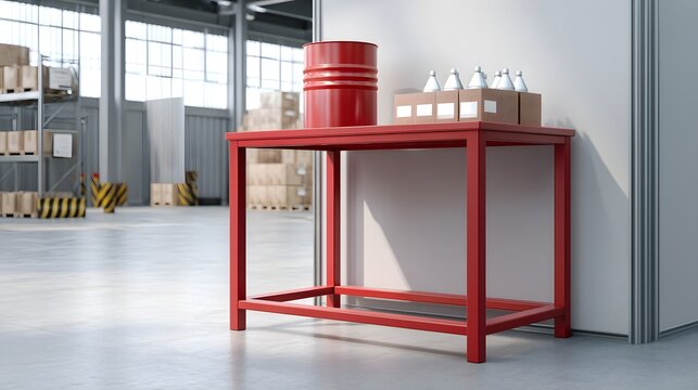 Red Workbench with Storage Items in an Industrial Warehouse Environment on a Bright Day