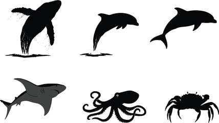 Marine animal silhouettes, whale, dolphin, shark, octopus, crab, black vector icons, underwater wildlife, sea creatures, ocean animals, editable illustration