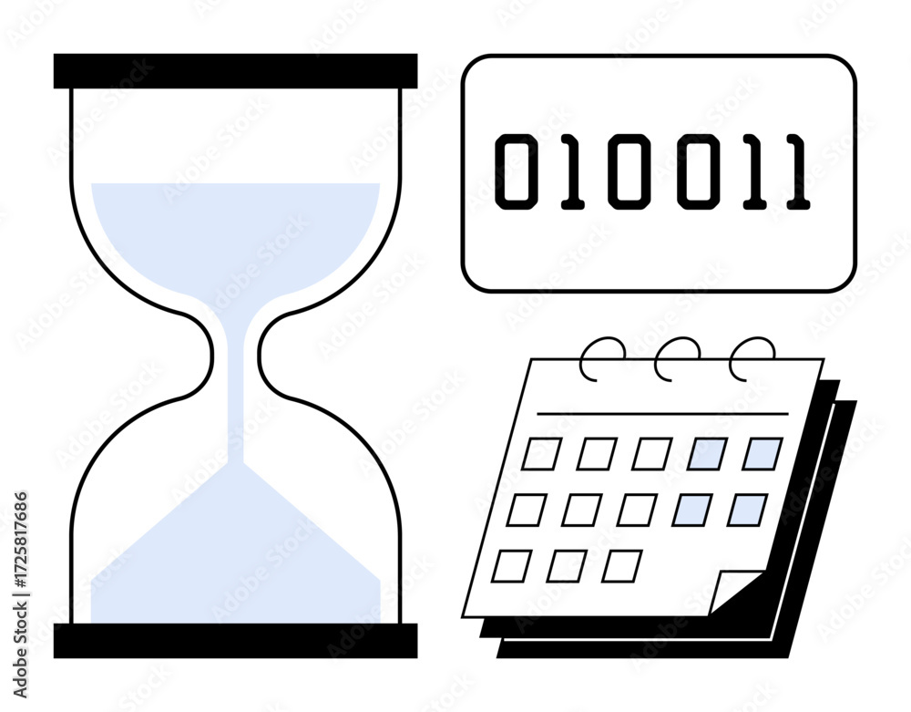 Poster hourglass symbolizing time, binary code for technology, and calendar for schedule planning. ideal fo