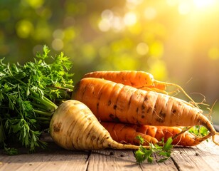 Fresh carrots and parsnip on rustic wooden surface