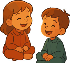 Two happy children in pajamas sit cross-legged, laughing and enjoying a cozy festive moment together.
