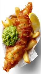 crispy fish and chips with mushy peas