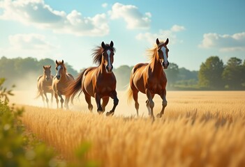 Majestic Horses Galloping Through Golden Wheat Fields Under a Brilliant Blue Sky in a Serene Countryside Setting